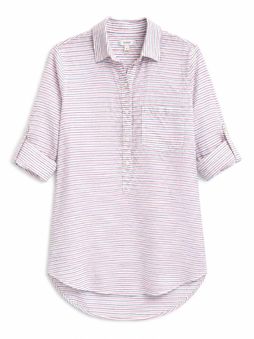 J Crew Size 0 XS 100% Cotton Popover Shirt White Red Blue Stripe Roll Tab Sleeve